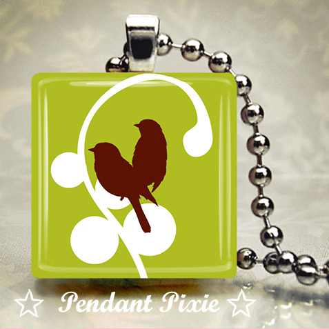 Brown and Green Birds Scrabble Tile Pendant