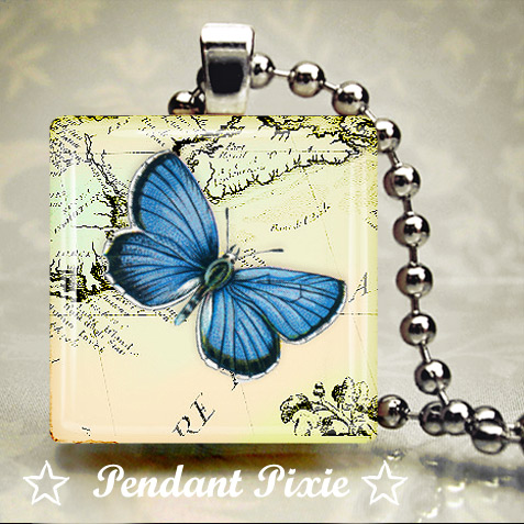 Blue Butterfly Scrabble Tile Pendant