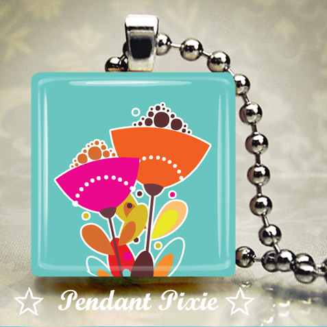 Modern Blue Floral Wooden Scrabble Tile Pendant Modern Blue Floral Wooden Scrabble Tile Pendant