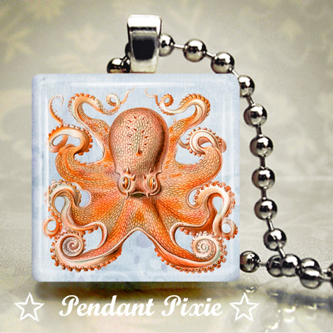 Orange Octopus Scrabble Tile Pendants