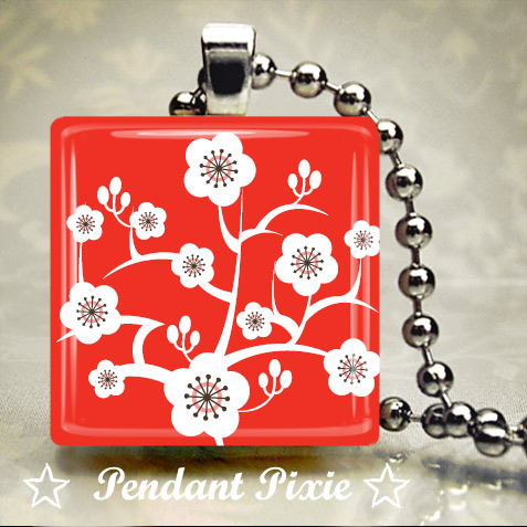 Red Japanese Blossom Wooden Pendant Red Japanese Blossom Wooden Pendant