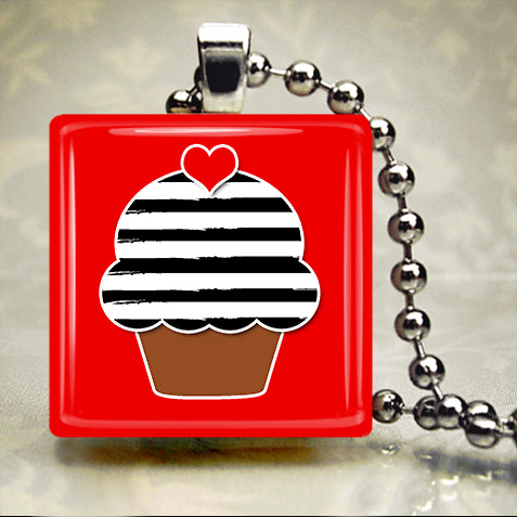 Black and White Striped Cupcake Scrabble Pendant Black and White Striped Cupcake Scrabble Pendant
