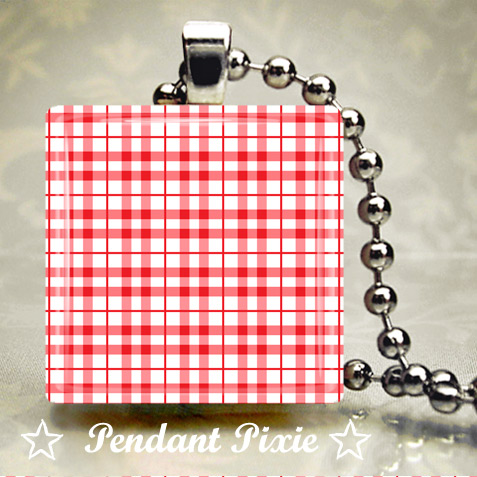Red Gingham Scrabble Tile Pendant