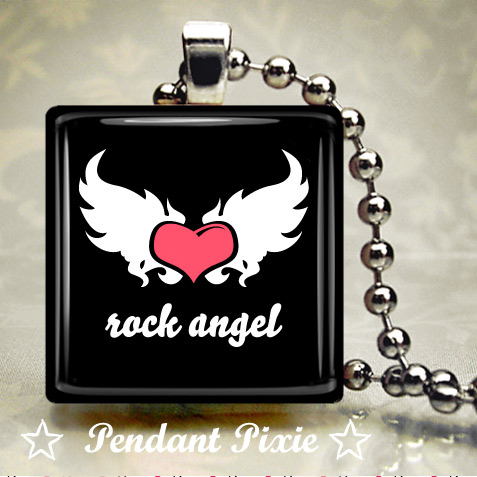 Rock Angel Wings & Heart Scrabble Pendant Rock Angel Wings & Heart Scrabble Pendant