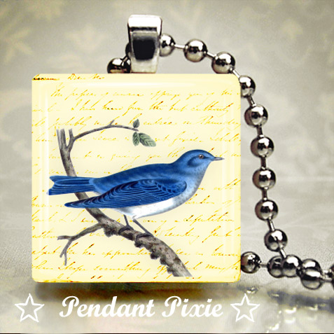 Vintage Bright Blue Bird Scrabble Pendant
